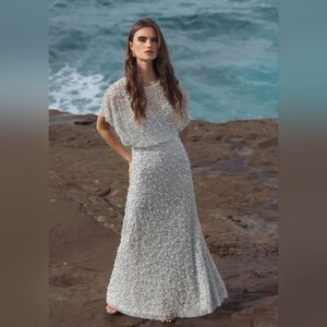 Mac Duggal Dress Blue High Neck Short Sleeve Embellished Gown 14523 $698 Size 6